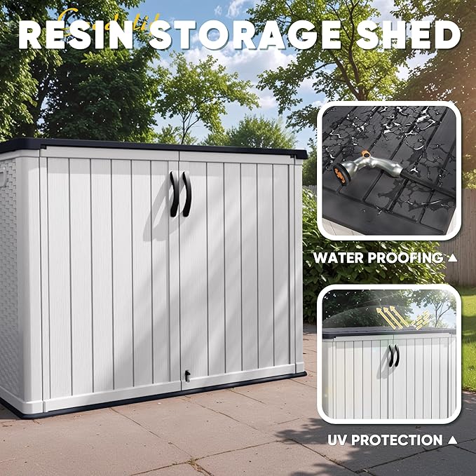 Storage Shed, 26 Cu Ft White Resin Cabinet with Magnetic Door Closure
