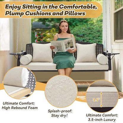 3 Seat Porch Swing, Patio Swing Bench with Cup Holders & 3 Back Cushions, Swing Chair with Chains for Deck Garden Backyard,Beige