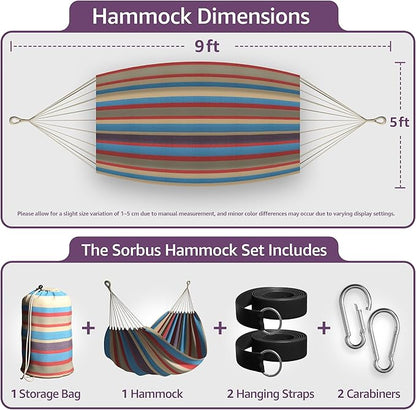 Sorbus® Brazilian Double Hammock - Extra-Long Two Person Portable Hammock Bed for Indoor or Outdoor Spaces - Hanging Rope, Carrying Pouch Included (Blue/Sand/Purple/Red Stripes)