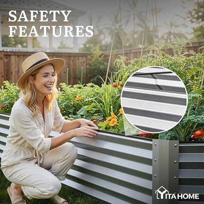 YITAHOME 8x4x1.5ft 2pcs Large Raised Garden Bed Kit, Galvanized Metal Planter Box with Gloves, Ground Nails & Safety Rubber, Outdoor Above Ground Planters for Plants Vegetables Flowers, Silver