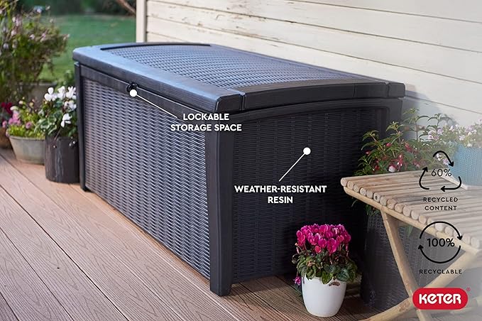 Outdoor Storage Bench, Gray Resin Deck Box with Soft-Close Lid