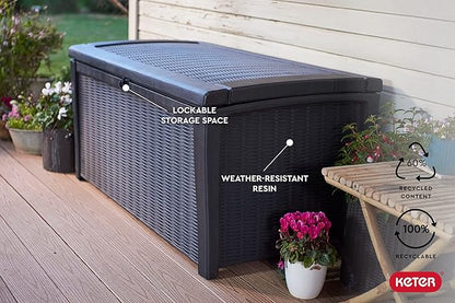 Outdoor Storage Bench, Gray Resin Deck Box with Soft-Close Lid