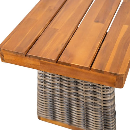 Christopher Knight Home Pasco Acacia Wood Outdoor Dining Table Set for 6, Wicker Patio Dining Set with Acacia Wood Table and Bench, Patio Table and Chair Set with Cushion+Rope Backrest, Teak+Grey