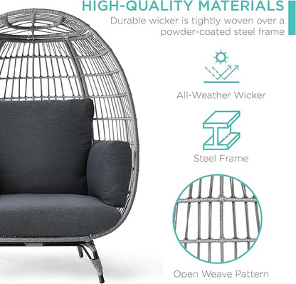 Best Choice Products Wicker Egg Chair, Oversized Indoor Outdoor Lounger for Patio, Backyard, Living Room w/ 4 Cushions, Steel Frame, 440lb Capacity - Gray/Charcoal
