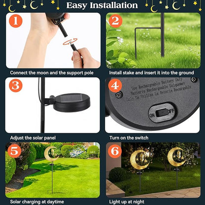 Lewondr 2Pcs Ramadan Solar Lights, Ramadan Decorations Outdoor, Metal Yard Signs LED Eid Decorations Mubarak Star Moon Lantern, Waterproof Solar Garden Stakes Lights for Walkway Lawn Patio