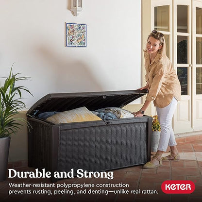 Outdoor Storage Bench, Gray Resin Deck Box with Soft-Close Lid