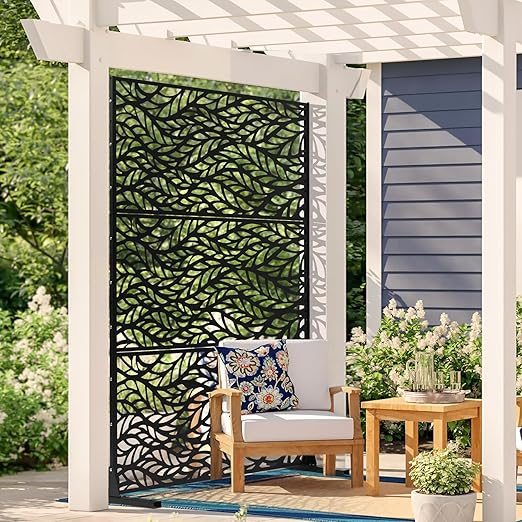 VEVOR Metal Privacy Screen, 47" W x 72" H, Outdoor Privacy Screens & Panels, Freestanding Outdoor Divider with Stand, 3-Panel Decorative Garden Steel Privacy Fence for Balcony Patio Indoor Room Black