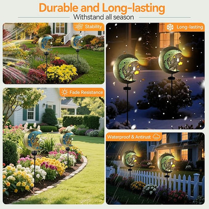 Solar Angel Moon Garden Stake Light – Outdoor Metal Yard Decoration with Crystal Pendant, Waterproof LED Light for Patio, Pathway, Lawn – Rustic Gold & Blue