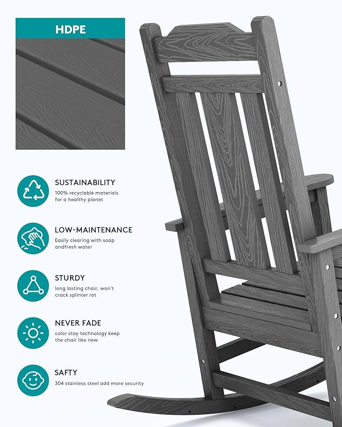 Poly Rocking Chairs - 2-Pack Grey HDPE for Outdoor Porch Use