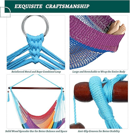 Caribbean Hammock Swing Chair with Spreader Bar, Large Hammock Chair, Hand Craft Rope Hanging Chair Outdoor, Indoor, Bedroom, 330 LBS Weight Capacity, Rainbow
