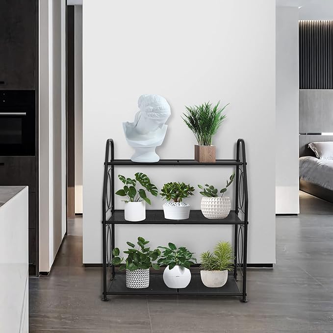 Plant Stand, 3 Tier Plant Shelf for Indoor Outdoor, Heavy Duty Metal Outdoor Plant Stand Holder Rack for Living Room Balcony and Garden, Black
