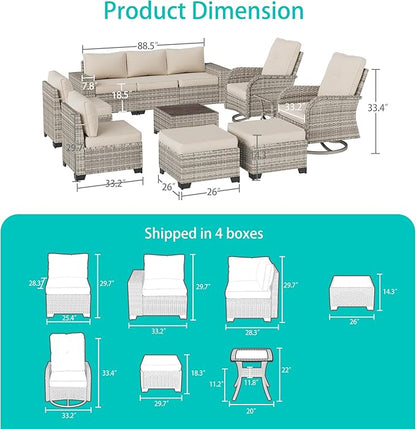 11-Piece Outdoor Patio Furniture Set with Rocking Swivel Chair Wicker Sectional Sofa Set, Patio Conversation Set with Ottomans & Coffee Table for Garden, Backyard, Poolside, White