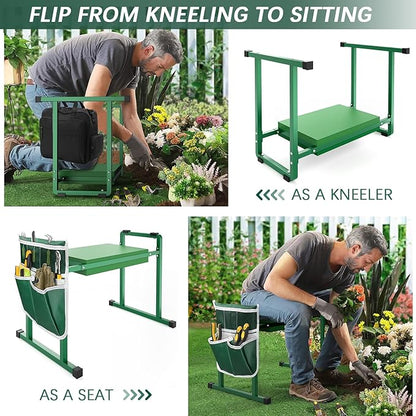 FLINTER Garden Kneelers Seat, Stable and Save Tip-Resistant Design 10.2" Wider Garden Kneeler and Seat with Handle, Heavy Duty Gardening Stool for Seniors, Gardening Weeding Bench for Parents - Green