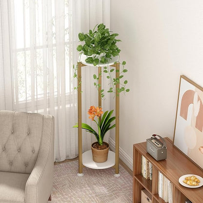 Plant Stand Indoor Corner Tall 2 Tier Metal Modern Flower Storage Plant Shelf Holder for Living Room Balcony Garden,Gold (2 Tier-Gold Round)