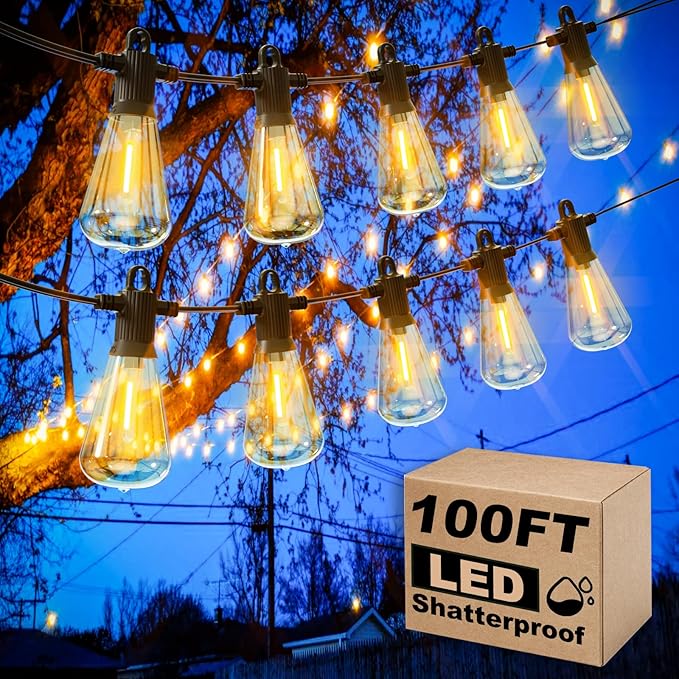 String Lights 100 ft Outdoor LED with 53 Vintage Edison Bulbs