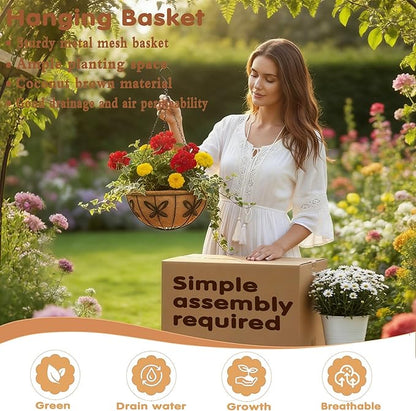 12 inch Metal Hanging Baskets For Plants Outdoor 4 Pack Round Metal Wire Hanging Basket Planter with Coco Fiber Liners Chain Round Wire Plant Holder for Garden, Patio, Deck, Porch Plants Flower Potss