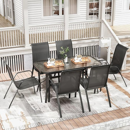 TLSUNNY 7 Pieces Patio Dining Set, Outdoor Table and Chairs W/1.69″ Umbrella Hole, 30"X 55" Table and Stackable Textilene Chair, All Weather Patio Furniture Set (Umbrella not Included) (Black)