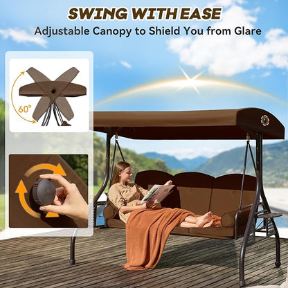 3 in 1 Patio Swing with Adjustable Canopy for Adults, 3 Seat Outdoor Swing with Thickened Cushions,Pillows & Cup Holders for Backyard, Porch, Garden (Brown)