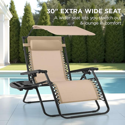 Best Choice Products 30” Wide Folding Zero Gravity Outdoor Recliner Patio Lounge Chair w/Adjustable Canopy Shade, Headrest, Side Accessory Tray - Beige