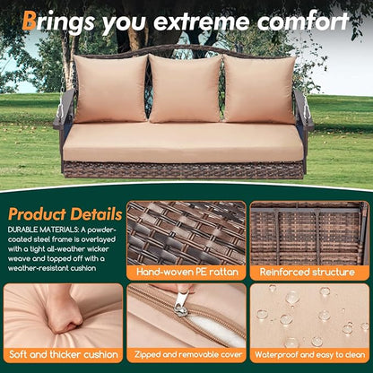 Upgraded Wicker Hanging Porch Swing Heavy Duty 900lbs 3-Seat Outdoor Patio Swing Chair Bench for Adult w/ 8.9ft Hanging Chains Cushions and Cup Holder