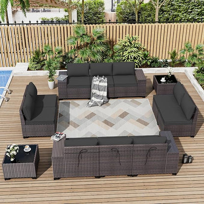 ALAULM 12 Pieces Patio Furniture Set Outdoor Sectional Sofa Brown PE Rattan Patio Conversation Set w/10 Seat Cushions and 2 Coffee Tables-Elegant Black