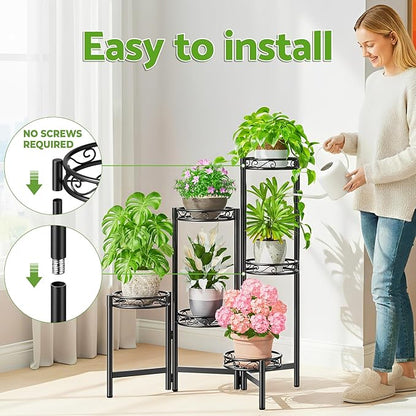Plant Stand Indoor Outdoor, 6 Tier Metal Flower Shelf for Multiple Plants Corner Tall Floding Flower Holders for Patio Garden Living Room Balcony Bedroom - BlackCircle