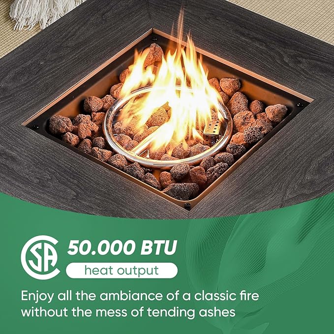 Belord 5 Pieces Wicker Patio Furniture Set: 4 Outdoor Club Chairs Patio Conversation Set with 50000BTU Propane Fire Pit Table, All Weather Brown Rattan Anti-Rust Frame, Beige Cushion