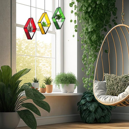 Yaomiao 3 Pcs Stained Glass Hanging Plant Terrariums Hanging Glass Planter Small Geometric Terrarium Air Plant Terrarium with Chain for Succulent Moss Holders Garden Wall Windowsill (Bright Color)