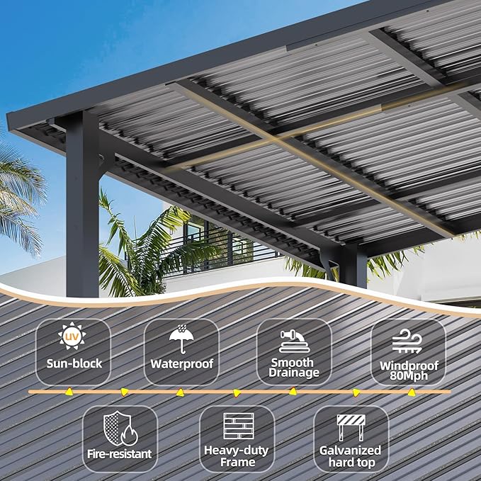 AECOJOY 14' x 8' Outdoor Hardtop Metal Gazebo for Patio, Large Lean to 8x14 Galvanized Steel Wall Mounted Pergolas and Grill Gazebos Clearance, Patio Roof Heavy Duty Awnings for Backyard, Decks