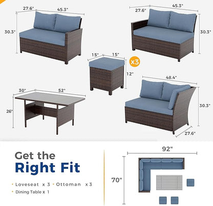 Wisteria Lane 7 Piece Patio Furniture Set, High Curved Back Wicker Patio Sectional, All Weather Outdoor Dining Set, Outdoor Furniture Patio Conversation Set with Ottoman, Blue