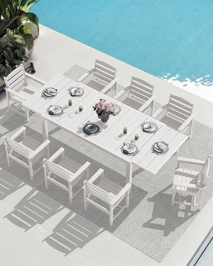 SERWALL 9-Piece Outdoor Dining Set, 60" - 83" Expandable Outdoor Dining Table and 8 HDPE Chairs, All Weather HDPE Outdoor Furniture Set for Backyard, Garden, White