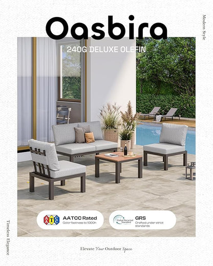 Aluminum Outdoor Patio Furniture Set, 4 Seats Modular Patio Sectional Sofa Set with Adjustable Backrest & Removable Cushions, All-Weather Outdoor Conversation Sets for Garden & Yard, Gray
