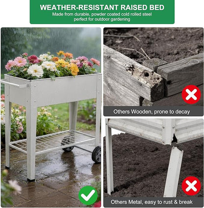 Elevated 32" Tall Raised Garden Bed with Legs and Wheels for Mobility, Metal Planter Boxes Outdoor with Shelf, Raised Bed for Gardening Vegetables/Herbs, Backyard, Patio, Balcony, Grey
