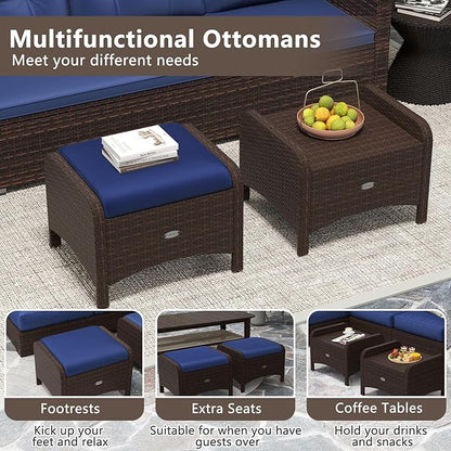 RELAX4LIFE Wicker Outdoor Ottomans for Patio - Set of 2 Rattan Footstools w/Removable Cushions, Multipurpose Outside Foot Rest, Side Table & Additional Seating for Porch Garden Backyard (Navy)