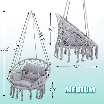 Macrame Hammock Hanging Swinging Chair with Medium Cushion, Perfect for Bedroom, Porch, Adults, Balcony, Grey