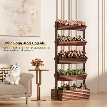 Vertical Wooden Raised Garden Bed Planters Wood Planter Kit Plant Stand Flower Rack Planter Box Gardening Plants Herbs Flowers Vegetables Outdoor Indoor Freestanding (Carbonized 5-Tier)