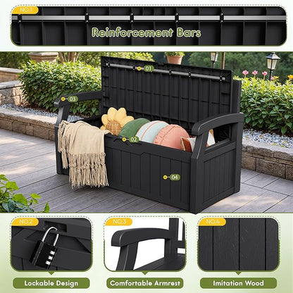 Greesum 80 Gallon Deck Box Storage Bench, Patio Furniture, Lockable, Waterproof and UV Resistant,with Armrest, Suitable for Garden, Porch, Poolside, Dark Black