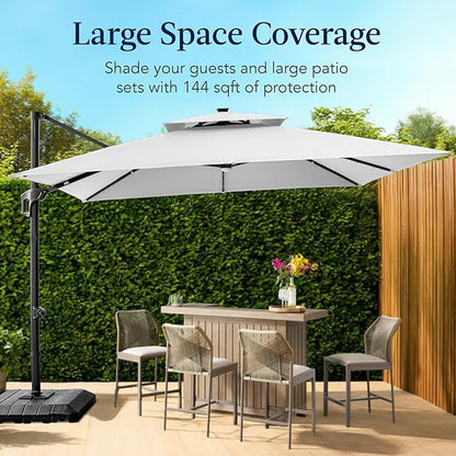 Best Choice Products 12x12ft LED Cantilever Patio Umbrella w/Base Included & 360° Rotation, Large Solar Offset Hanging Outdoor Sun Shade for Deck, Backyard Table w/Stand & Lights – Fog Gray