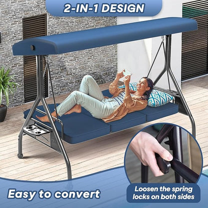 3 Seat Outdoor Porch Patio Swing with Stand 800lbs 2-in-1 Convertible Swing Bed with Adjustable Canopy & Removable Cushion for Yard Garden Deck (Blue, Round Tube)