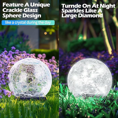 Coroor Garden Solar Ball Lights Outdoor Waterproof, 50 LED Cracked Glass Globe Power Ground for Path Yard Patio Lawn, Outdoor Decoration Landscape White (2 Pack 4.7'')