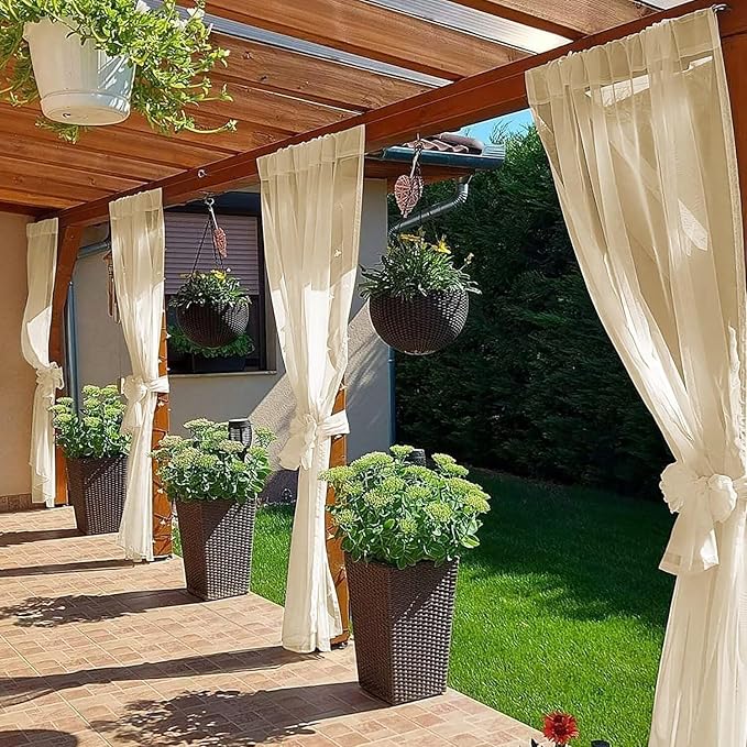 SpaceDresser Waterproof Outdoor Sheer Curtains for Patio - 2 Panels Rod Pocket Indoor Voile Sheer Curtain for Living Room,100W x 108L inch, Beige