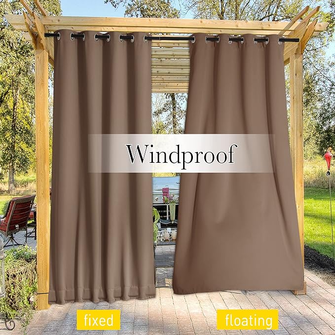 NICETOWN 2 Panels Outdoor Curtains for Patio Waterproof & Windproof, Extra Wide Grommet & Back Tab on Top & Bottom Thermal Insulated Sun Blocking Drapes with Rope for Gazebo, Tan, W100 x L108