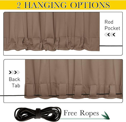 NICETOWN 2 Panels Waterproof Outdoor Curtains Fixed Grommet & Back Tab on Top & Bottom, Thermal Insulated Keep Rain & Sun Out Blackout Windpoorf Outdoor Draperies with Rope, W52 by L108, Tan-Khaki