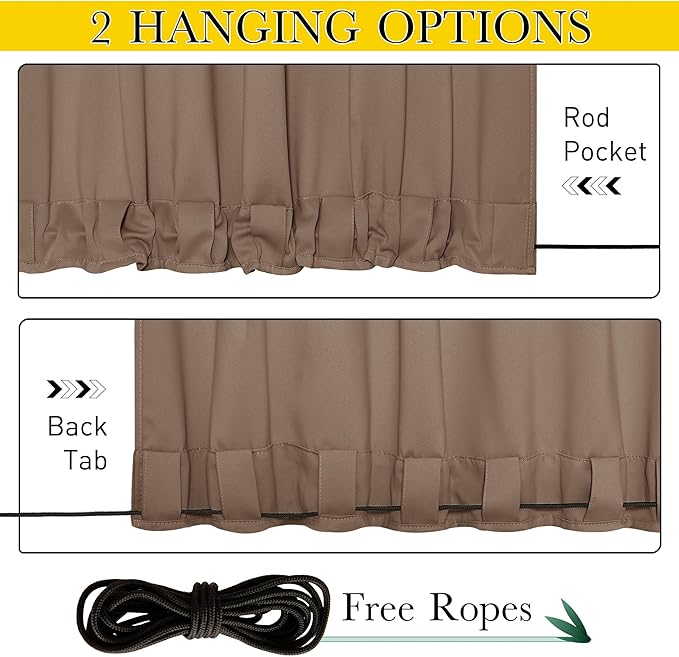 NICETOWN 2 Panels Outdoor Curtains for Patio Waterproof & Windproof, Extra Wide Grommet & Back Tab on Top & Bottom Thermal Insulated Sun Blocking Drapes with Rope for Gazebo, Tan, W100 x L108