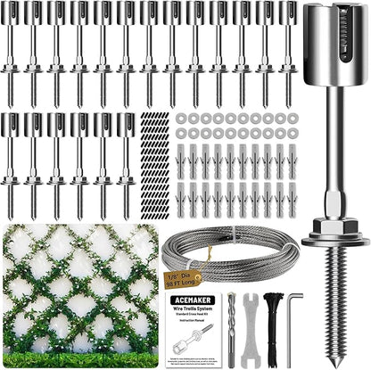 Wire Trellis for Climbing Plants Outdoor, 20-Set Wall Wire Trellis Kit with 1/8in x 98ft Stainless Steel Cable, T316 Espalier System for Fence and Garden DIY Projects
