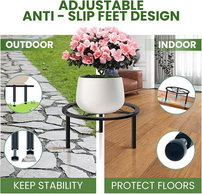 TOSKING Heavy Duty Metal Plant Stand - 7.9-inch Round Tray with Geometric Pattern, Adjustable Leveling Feet & Rust-Resistant Finish for Indoor/Outdoor Use