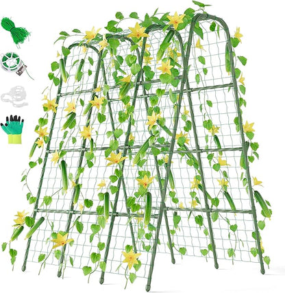 Miory Cucumber Trellis for Raised Beds, 48 x 63 Inch Metal U-Frame Garden Trellis for Climbing Plants Outdoor with Climbing Net, Plant Support for Cucumber Tomato Bean Pea