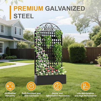 Metal Raised Garden Bed with Trellis, 79"x40"x11.8" Planter Box with Privacy Screen for Patio Deck, Freestanding Divider Fence with Drainage Holes for Climbing Plants Vines & Vegetable