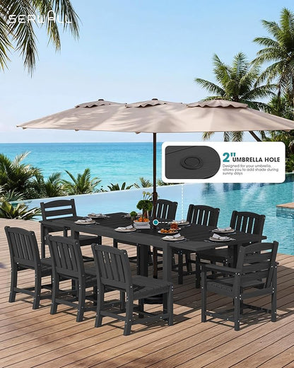 SERWALL 11-Piece Outdoor Dining Set, 60" - 83" Expandable Outdoor Dining Table and 10 HDPE Chairs, All Weather HDPE Outdoor Furniture Set for Backyard, Garden, Black