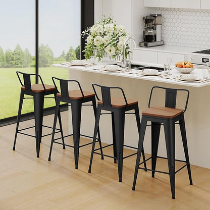 Yongchuang 26" Metal Barstools Set of 2 Counter Bar Stools with Wood Top Low Back Matte Black